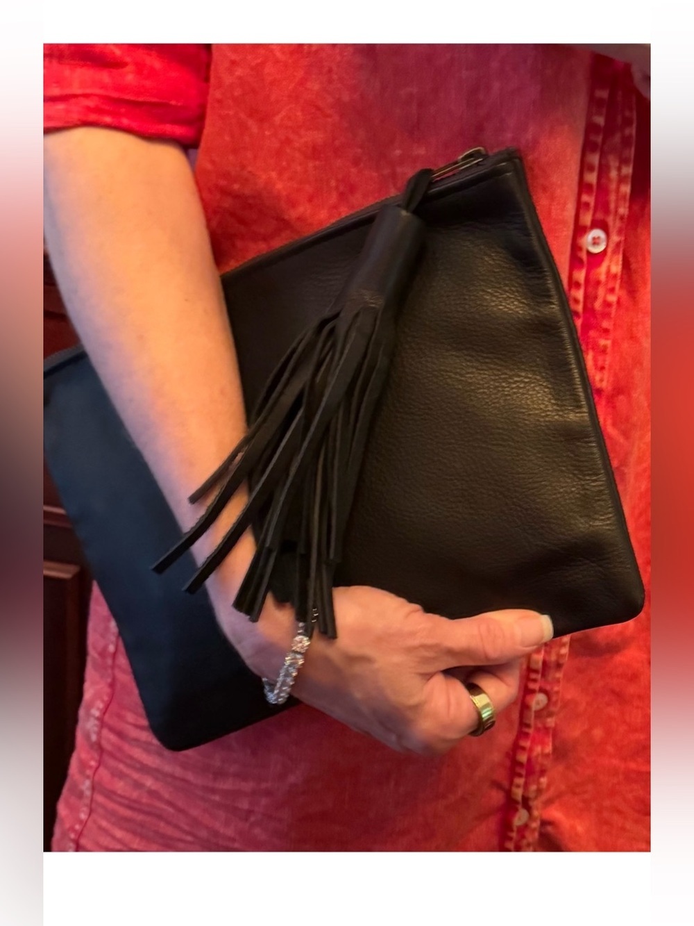 Parker Black Faux Pebbled Leather Tassel Zipper Clutch